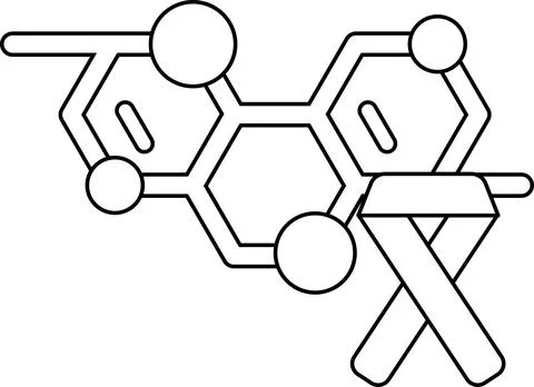 A black and white drawing of a molecule with a hammer on top of it Illustrazione stock