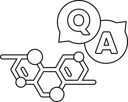 A black and white drawing of a molecule with a question mark and an A above i Illustrazione stock