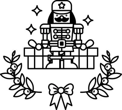 A black and white drawing of a nutcracker with a bow around his neck Stock Illustration