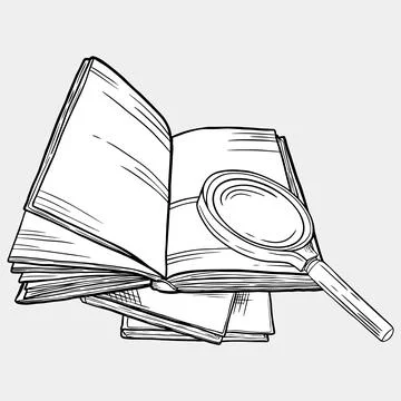Black and white drawing of an open book with magnifying glass on top, symbo.. Stock Illustration