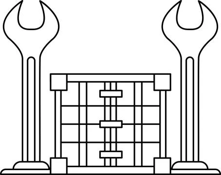 A black and white drawing of a pair of wrenches and a gate Illustration