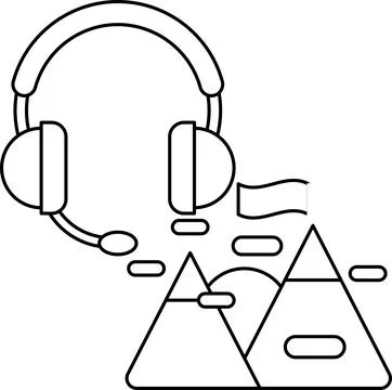 A black and white drawing of a pair of headphones with a flag in the backgrou Stock Illustration