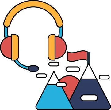 A black and white drawing of a pair of headphones with a flag in the backgrou Stock Illustration