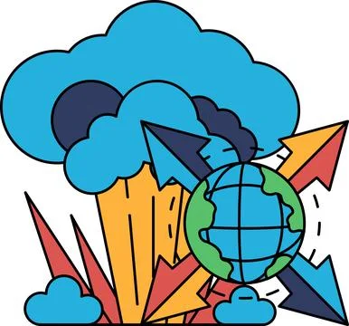 A black and white drawing of a planet with a large explosion in the backgroun Stock Illustration