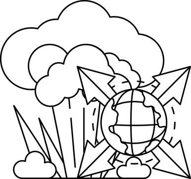 A black and white drawing of a planet with a large explosion in the backgroun Stock Illustration