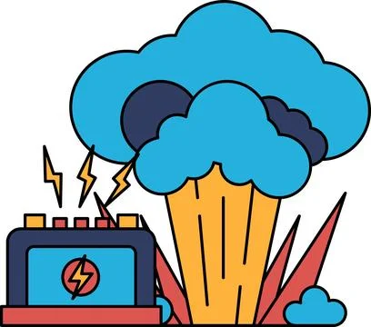 A black and white drawing of a power station with a large cloud of smoke comi Stock Illustration