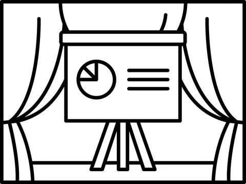 A black and white drawing of a projector screen with a pie chart on it Stock Illustration