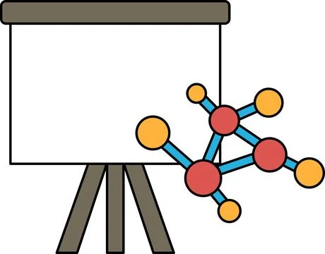 A black and white drawing of a projector screen with a molecule on it Stock Illustration