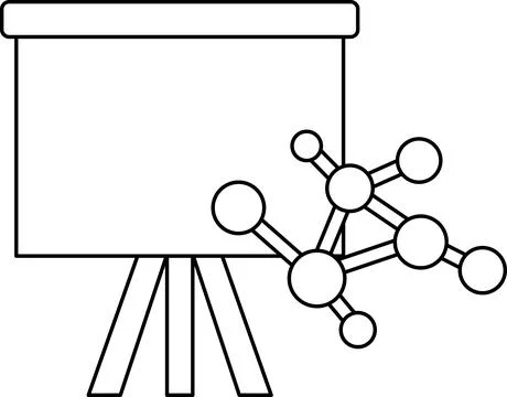 A black and white drawing of a projector screen with a molecule on it Stock Illustration