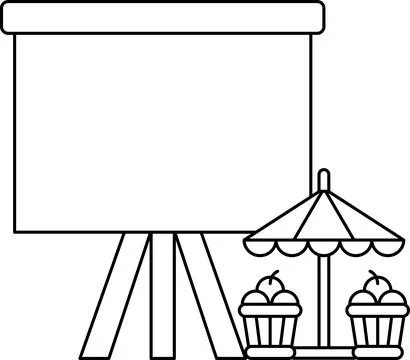 A black and white drawing of a projector screen with a table of cupcakes Stock Illustration