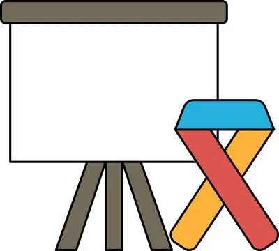 A black and white drawing of a projector screen, a stool, and a ribbon Stock Illustration