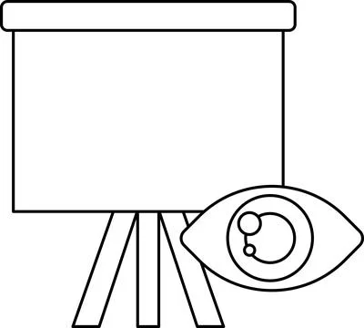 A black and white drawing of a projector screen with an eye in the center Stock Illustration