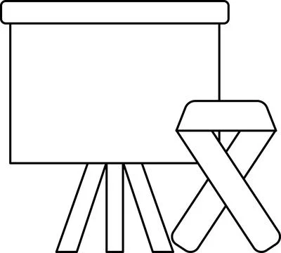 A black and white drawing of a projector screen, a stool, and a ribbon Stock Illustration