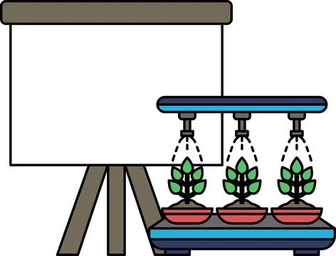 A black and white drawing of a projector screen and a watering system Stock Illustration