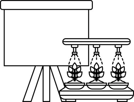 A black and white drawing of a projector screen and a watering system Stock Illustration