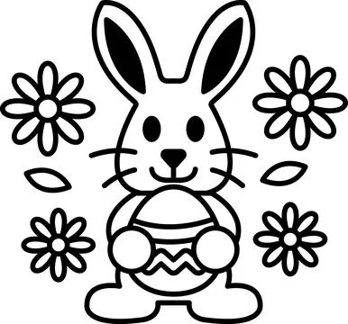 A black and white drawing of a rabbit holding an Easter egg Illustrazione stock