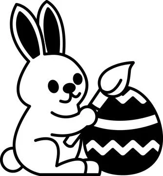 A black and white drawing of a rabbit holding an Easter egg Stock Illustration