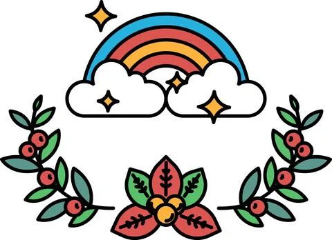 A black and white drawing of a rainbow and clouds with a flower and leaves 스톡 일러스트