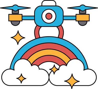 A black and white drawing of a rainbow with a camera on top of it Stock Illustration
