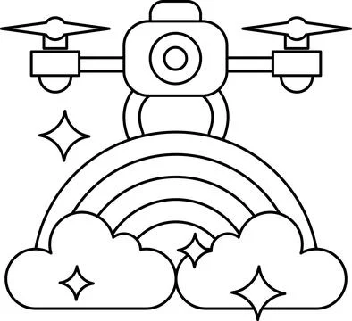 A black and white drawing of a rainbow with a camera on top of it Stock Illustration
