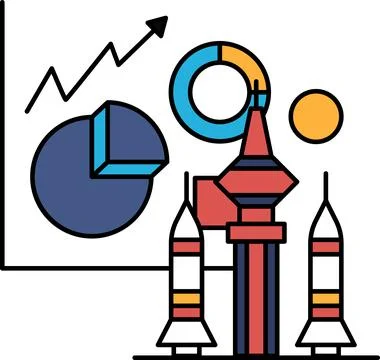 A black and white drawing of a rocket launch with a graph showing a rising li Stock Illustration