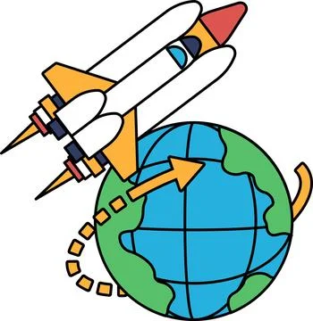 A black and white drawing of a rocket and a globe Stock Illustration