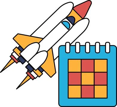 A black and white drawing of a rocket and a calendar Stock Illustration
