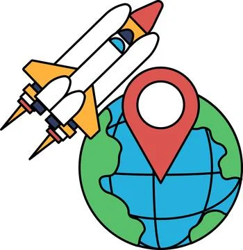 A black and white drawing of a rocket and a globe with a small dot on it Stock Illustration