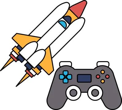 A black and white drawing of a rocket and a video game controller Stock Illustration