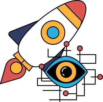 A black and white drawing of a rocket with an eye in the middle of it Stock Illustration