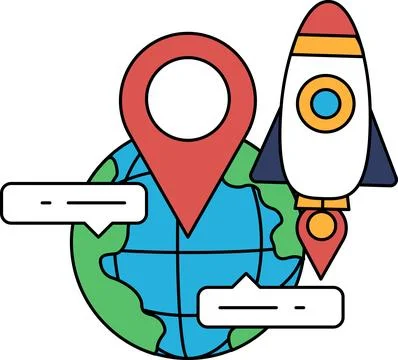 A black and white drawing of a rocket and a globe with a small dot in the m.. Stock Illustration