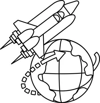 A black and white drawing of a rocket and a globe Stock Illustration