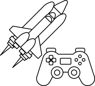 A black and white drawing of a rocket and a video game controller Stock Illustration