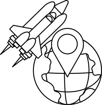 A black and white drawing of a rocket and a globe with a small dot on it Stock Illustration