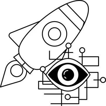 A black and white drawing of a rocket with an eye in the middle of it Stock Illustration
