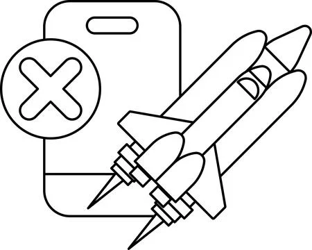 A black and white drawing of a rocket with an X on it Stock Illustration