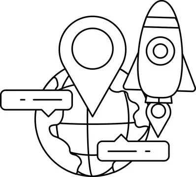 A black and white drawing of a rocket and a globe with a small dot in the m.. Stock Illustration