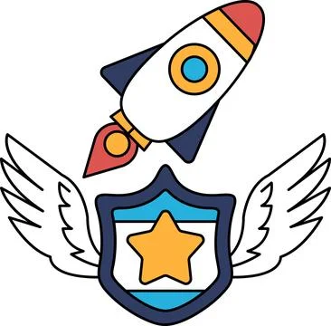 A black and white drawing of a rocket with a star and shield Stock Illustration