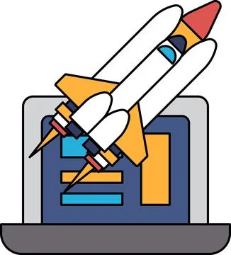 A black and white drawing of a rocket launching into space Stock Illustration