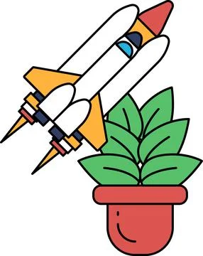 A black and white drawing of a rocket and a plant Stock Illustration
