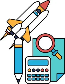 A black and white drawing of a rocket, a pen, and a calculator Stock Illustration
