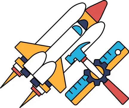 A black and white drawing of a rocket and a ruler Stock Illustration