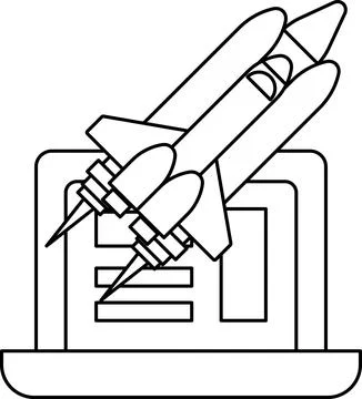 A black and white drawing of a rocket launching into space Stock Illustration