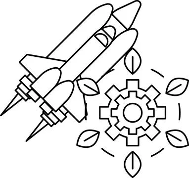 A black and white drawing of a rocket and a gear Stock Illustration