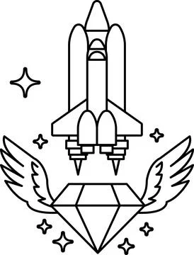 A black and white drawing of a rocket with a diamond and stars in the backg.. Stock Illustration