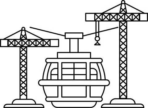 A black and white drawing of a roller coaster with two cranes in the backgrou Stockillustratie