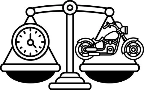 A black and white drawing of a scale with a motorcycle on one side Stock Illustration