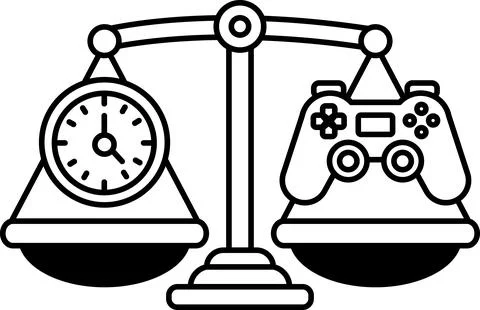 A black and white drawing of a scale with a clock on one side Stock Illustration
