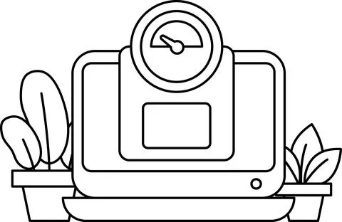 A black and white drawing of a scale with a clock on it Stock Illustration