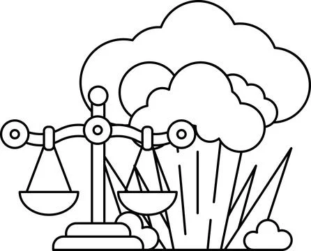 A black and white drawing of a scale with a cloud in the background Stock Illustration